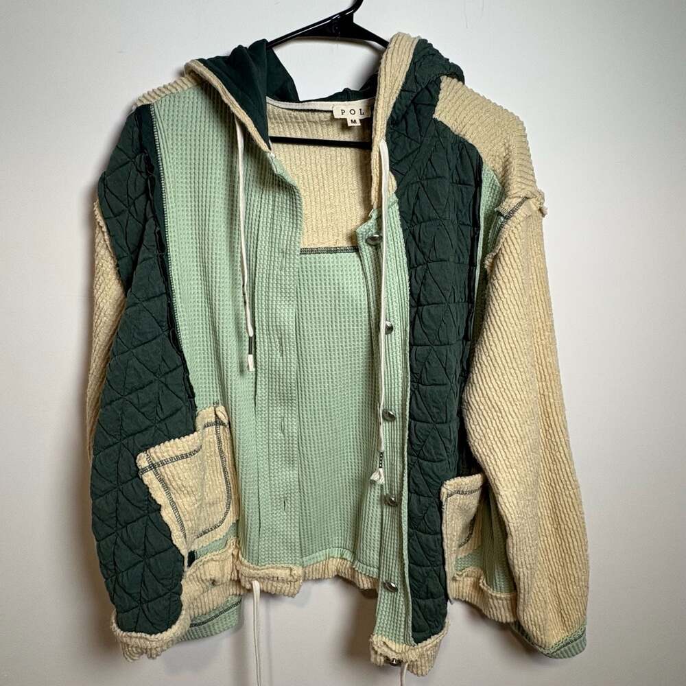 POL Quilted Textured Patchwork Hooded Shacket Jacket Green Cream Medium M